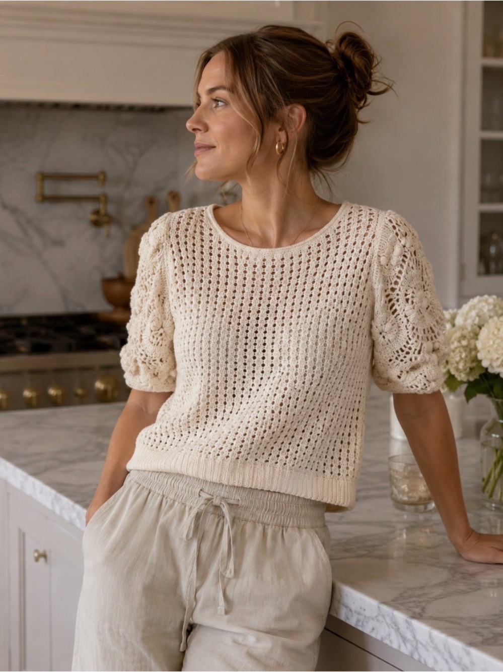 Stella Pardo Paris Crochet Puff Sleeve Knit Top Cream Cotton XS Handmade Boho